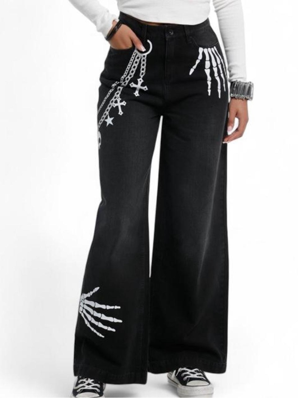 Skeleton Hands Black Wide Leg Jeans